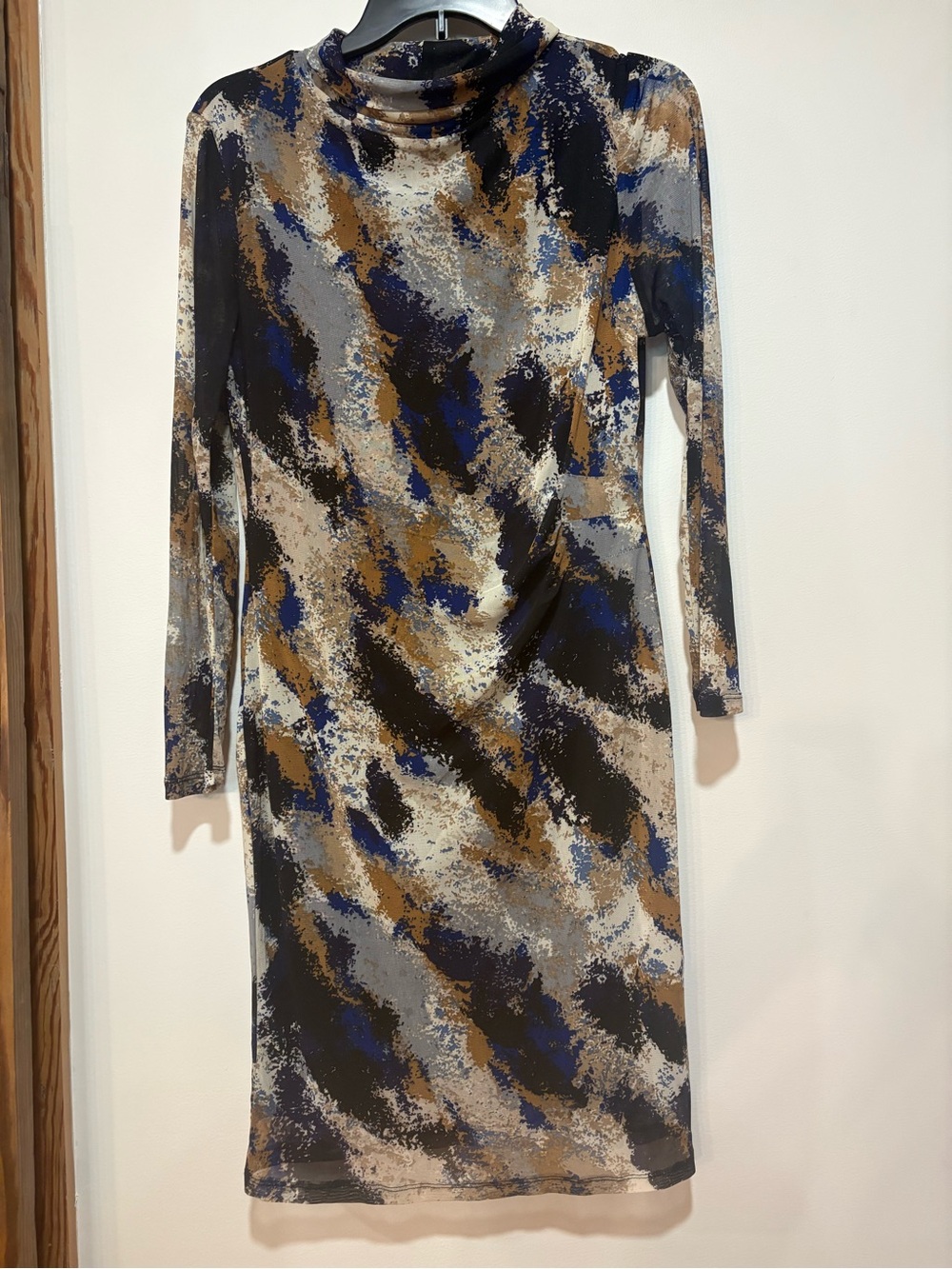 The Limited Long Sleeve Abstract Midi Dress - Blue, Black & Tan